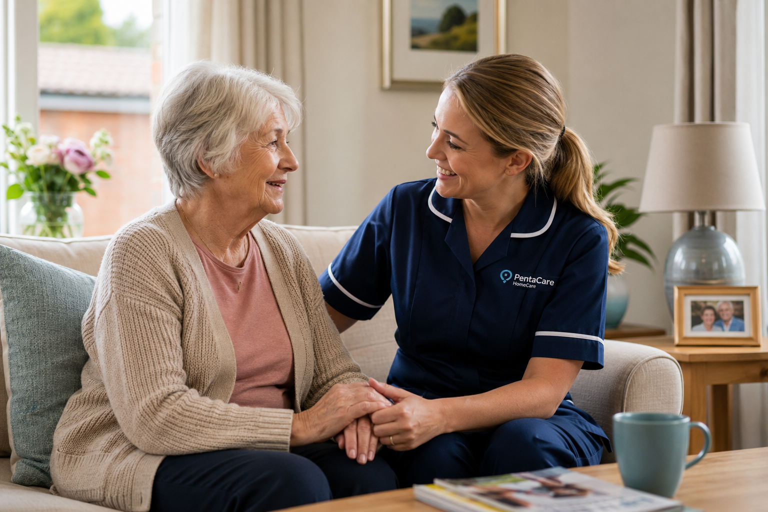Compassionate caregiver providing home care support to an elderly woman in Sevenoaks