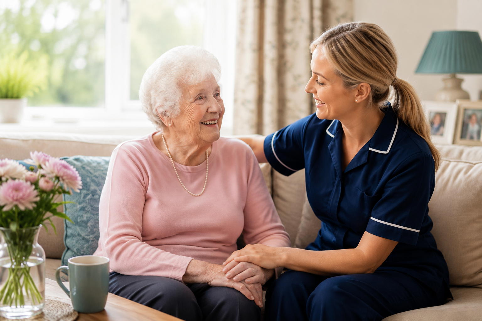 Professional caregiver providing compassionate home care support to an elderly woman in Sevenoaks.