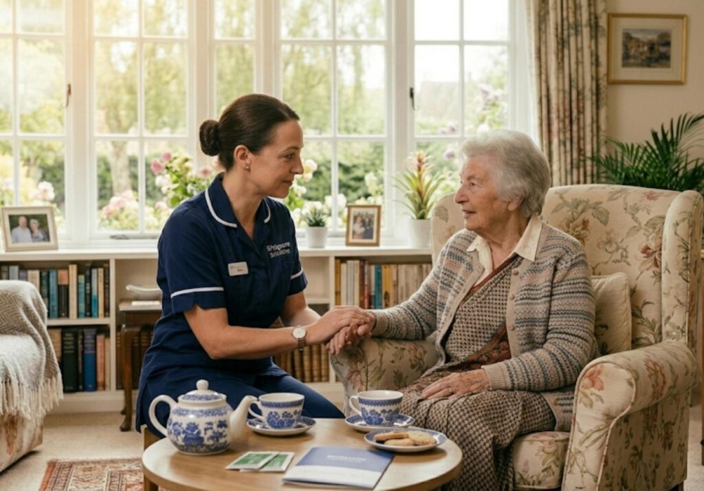 Professional caregiver providing dementia care to an older adult in their own home in Newmarket, supporting independence, safety, and wellbeing.