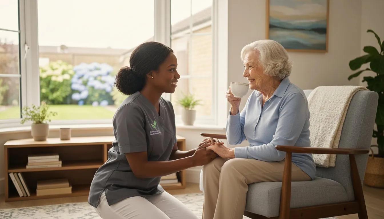 Professional carer providing compassionate home care to an elderly woman in her home in Bromley & Orpington.