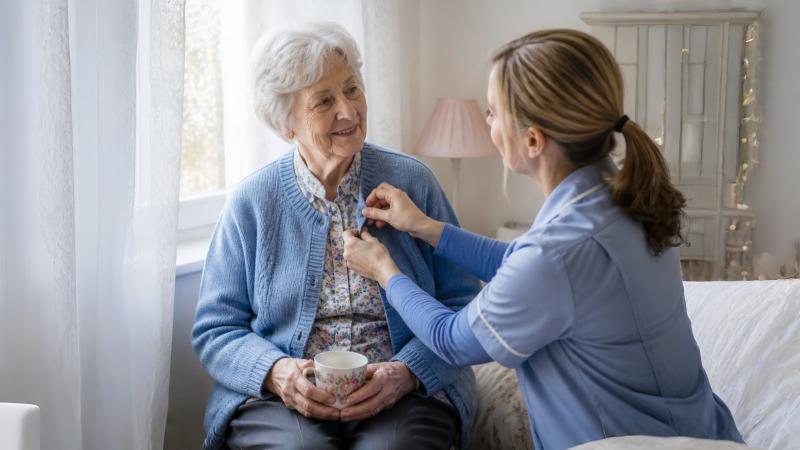 Professional carer helping an elderly woman at home in Sevenoaks, Kent