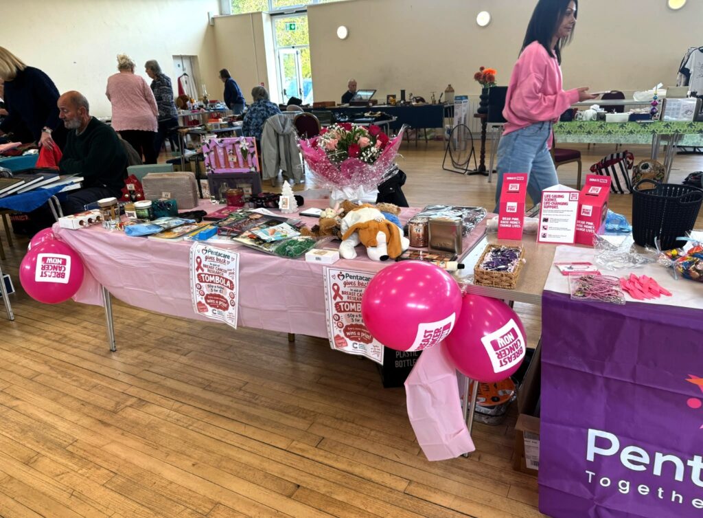 : Pentacare charity tombola at Risby Indoor Market raising funds for breast cancer research